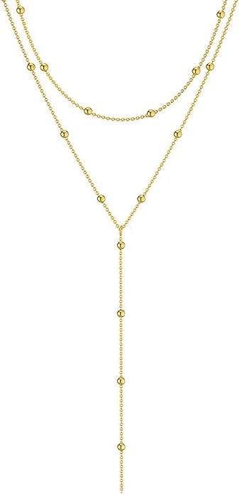 Zeffy Lariat Gold Necklace for Women, Dainty Long Necklace 14k Gold/Silver Plated Layered CZ Beaded Bar Chain Y-Shaped Body Chain Stack Drop Wedding Necklace Trendy Simple Gold Jewelry Gifts