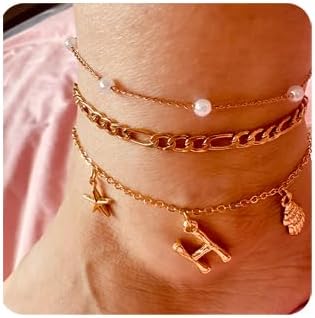 Initial Charm Anklets For Women Shell Letter Anklets Set Gold Charms Pendant Boho Summer Seashell Beach 14k Jewelry for Women Gift