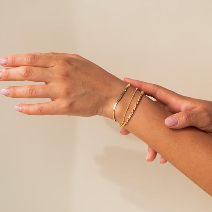 Gold Bracelets for Women Trendy,14K Gold Plated Dainty Stackable Paperclip Cuban Link Chain Bracelets, Simple Cute Cuff Bracelets Jewelry Set Adjustable 7"+2"