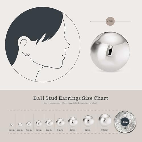 KEZEF Sterling Silver Ball Stud Earrings Hypoallergenic Earrings for Women | Available in Sterling Silver, Rose Gold, or 14K Gold Plated Silver (2mm-10mm)