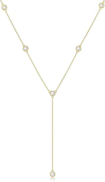 Zeffy Lariat Gold Necklace for Women, Dainty Long Necklace 14k Gold/Silver Plated Layered CZ Beaded Bar Chain Y-Shaped Body Chain Stack Drop Wedding Necklace Trendy Simple Gold Jewelry Gifts