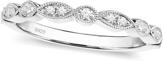 EAMTI 925 Sterling Silver Wedding Band for Women Cubic Zirconia Marquise & Round Milgrain Half Eternity Stackable Ring Size 5-10