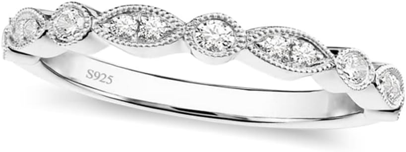 EAMTI 925 Sterling Silver Wedding Band for Women Cubic Zirconia Marquise & Round Milgrain Half Eternity Stackable Ring Size 5-10