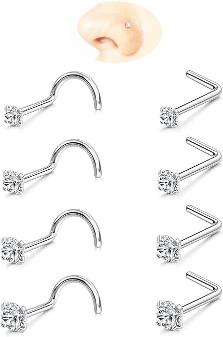 Nose Rings Studs: 8Pcs 20G Gold/Silver 316L Surgical Stainless Steel Nose Studs Hypoallergenic Corkscrew Nose Piercing Stud Jewelry for Women Men Clear Cubic Zirconia Imitation Diamond Top Size 1.5mm 2mm 2.5mm 3mm