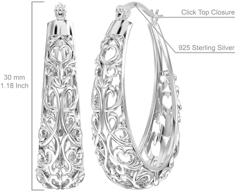 LeCalla 925 Sterling Silver Hoop Earrings for Women | Women's Filigree Hoop Earrings | Antique Oxidized Openwork Mesh Filigree Cut Earring Chunky Hoops | Hypoallergenic Vintage Filigree Oval Hoop Earrings for Women