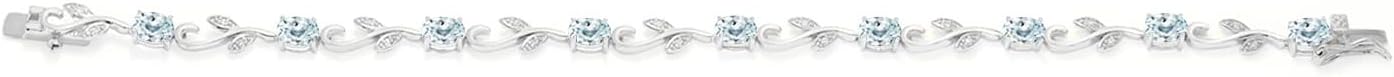 Gem Stone King 4.63 Cttw Oval Sky Blue Aquamarine and Diamond Greek Vine Tennis Bracelet For Women In 925 Sterling Silver | Gemstone Birthstone | Oval 6X4MM | 7 Inch