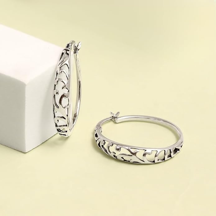 LeCalla 925 Sterling Silver Hoop Earrings for Women | Women's Filigree Hoop Earrings | Antique Oxidized Openwork Mesh Filigree Cut Earring Chunky Hoops | Hypoallergenic Vintage Filigree Oval Hoop Earrings for Women