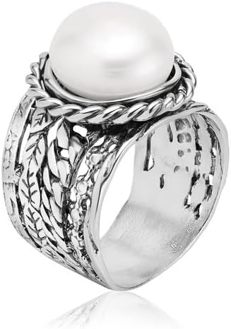 JEAN RACHEL JEWELRY 925 Sterling Silver Ring - Braid & Leaf Vintage Design with Pearl Statement Ring - Hypoallergenic, Lead and Nickel Free Rings for Women - Artisan Handcrafted Collection