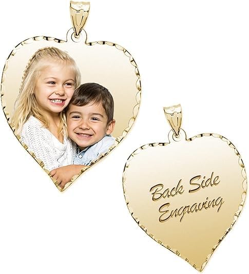 PicturesOnGold.com Personalized Photo Engraved Heart Shaped Picture Necklace with Diamond Cut Edge in Silver, Gold, White Gold or Rose Gold - 1 Inch x 1 Inch