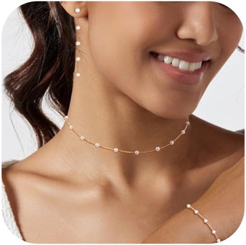 Gold Jewelry Set for Women - Dainty 14K Gold/Silver Plated Pearl Choker Necklace, Drop Earrings & Bracelets - Wedding Trendy Pearl Jewelry Gift
