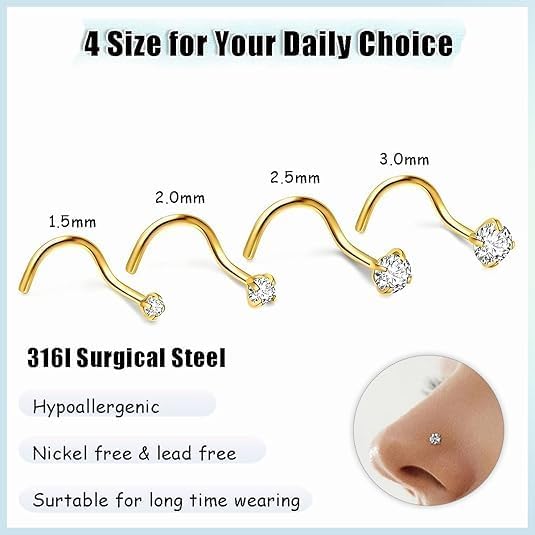 Nose Rings Studs: 8Pcs 20G Gold/Silver 316L Surgical Stainless Steel Nose Studs Hypoallergenic Corkscrew Nose Piercing Stud Jewelry for Women Men Clear Cubic Zirconia Imitation Diamond Top Size 1.5mm 2mm 2.5mm 3mm