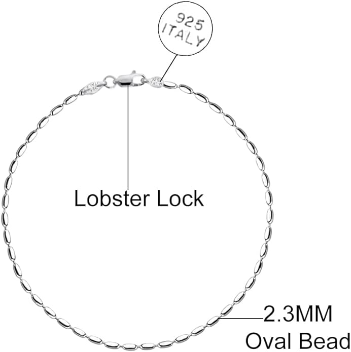Savlano 925 Sterling Silver Oval Rice Bead Strand Chain Anklet For Women - Made in Italy Comes With a Gift Box