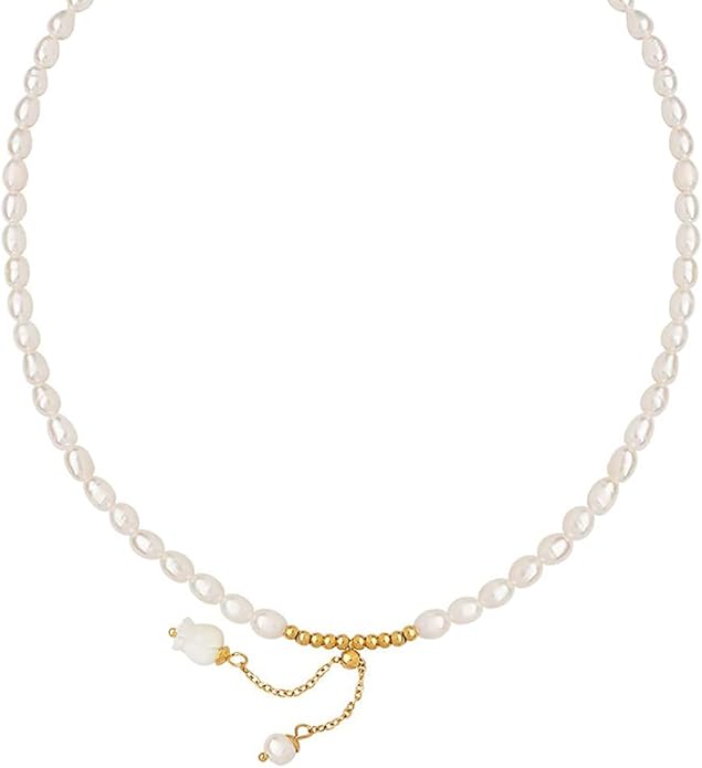 14K Gold Jade Orchid Necklace, Freshwater Pearl Beaded Clavicle Necklace, Mother's Day, Birthday Gift for Mother, Wife, Girlfriend
