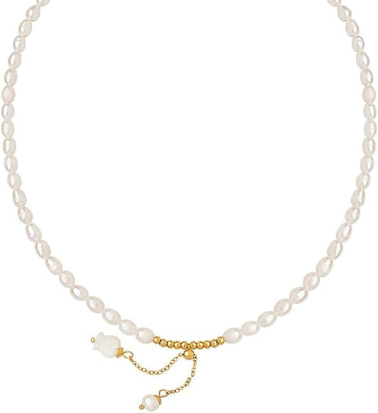 14K Gold Jade Orchid Necklace, Freshwater Pearl Beaded Clavicle Necklace, Mother's Day, Birthday Gift for Mother, Wife, Girlfriend