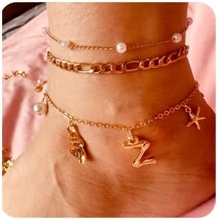 Initial Charm Anklets For Women Shell Letter Anklets Set Gold Charms Pendant Boho Summer Seashell Beach 14k Jewelry for Women Gift