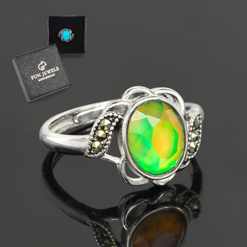 Vintage Style Flower Multi Color Change Oval Facet Crystal Stone Brass Mood Ring Size Adjustable For Women