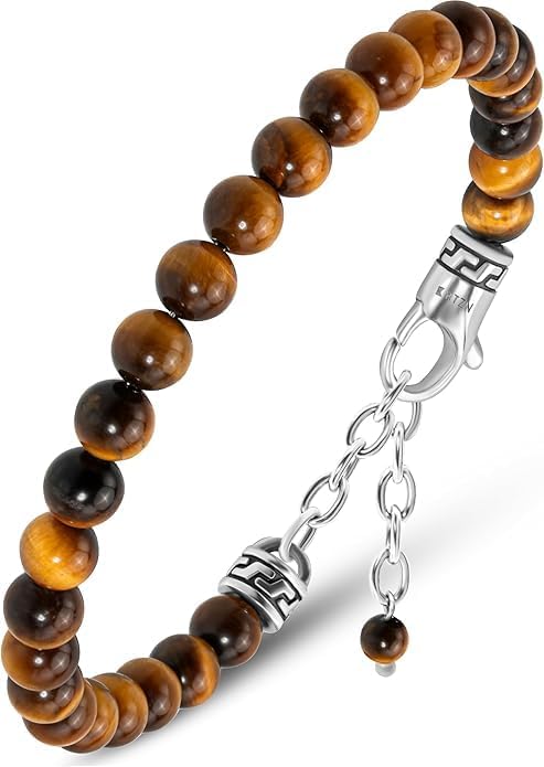 RTZN® Tigers Eye Bracelet for Men – Premium Artisan Handcrafted Golden Brown Tiger Eye Bead Bracelets – Natural Stone Tiger Eye Bracelet Men – Beaded Bracelets for Men