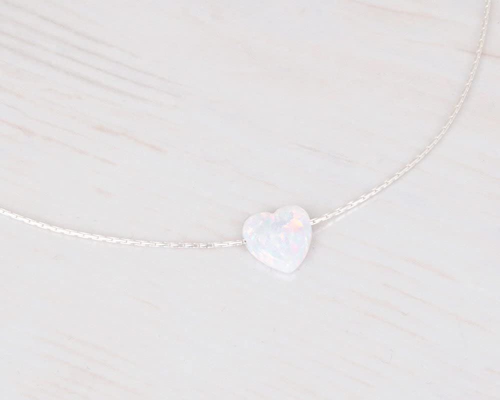 White Opal Heart On Sterling Silver 925 Choker Necklace - Designer Handmade Minimal Necklace for Women - Length: 13.5 inch + 3 inch Extender (sterling silver, white)