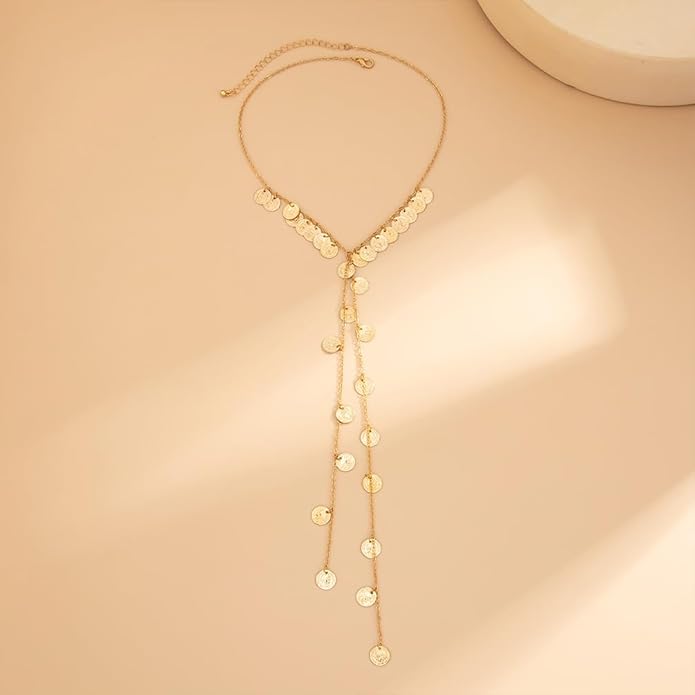 Chunky Long Tassel Gold Coin Choker Necklace for Women Statement Trendy Silver Beaded Disc Y Necklaces Stylish Party Prom Jewelry Costume Accessories