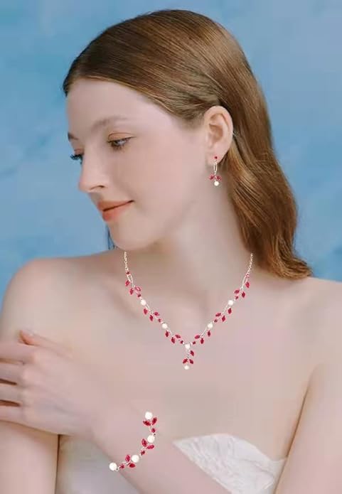 Luxury Cubic Zirconia Aurtrian Crystal Pearl Floral Necklace Dangle Earrings Wedding Bridal Jewelry Set Birthday Gifts for Her