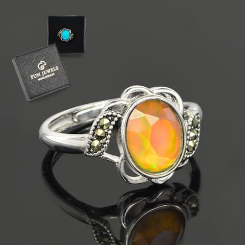 Vintage Style Flower Multi Color Change Oval Facet Crystal Stone Brass Mood Ring Size Adjustable For Women
