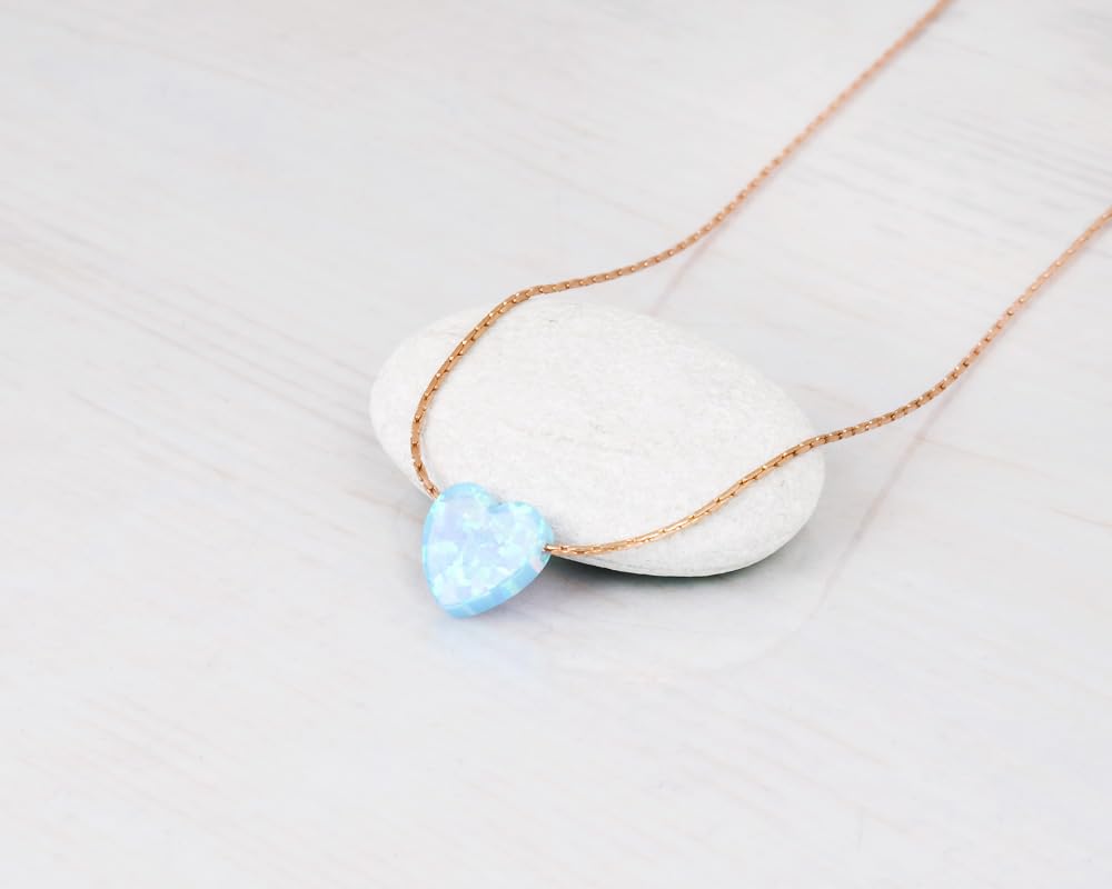 Blue Opal Heart on 14K Gold Filled Choker Necklace - Designer Handmade Thin Collar for Women - Length: 13.5 inch + 3 inch Extender (sky blue, rose gold filled)