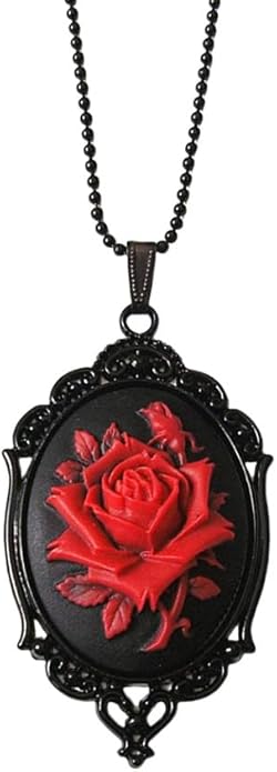 Gothic Red Rose Cameo Necklace for Women Victorian Vintage Rose Flower Thorn Pendant Necklace Satan Demon Necklace Halloween Jewelry for Women