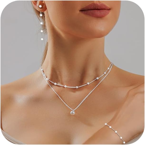 Gold Jewelry Set for Women - Dainty 14K Gold/Silver Plated Pearl Choker Necklace, Drop Earrings & Bracelets - Wedding Trendy Pearl Jewelry Gift