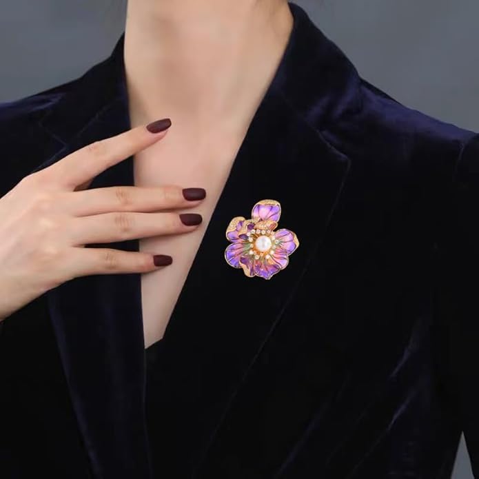 Peony Flower Brooch for Women Elegant Enamel Pearl Flowers Brooch Pin Vintage Crystal Flower Bud Pin Elegant Clothing Hat Bag Accessories Christmas Birthday Banquet Jewelry