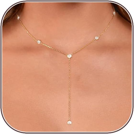 Lariat Gold Necklace for Women, Dainty Long Necklace 14k Gold Plated/Silver Y-Shaped Layered Beaded Chain Drop Necklaces for Women Trendy Simple Gold Jewelry for Women Gifts