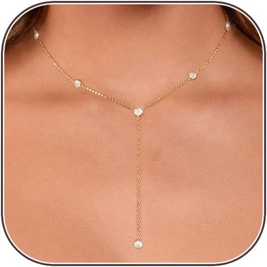 Lariat Gold Necklace for Women, Dainty Long Necklace 14k Gold Plated/Silver Y-Shaped Layered Beaded Chain Drop Necklaces for Women Trendy Simple Gold Jewelry for Women Gifts