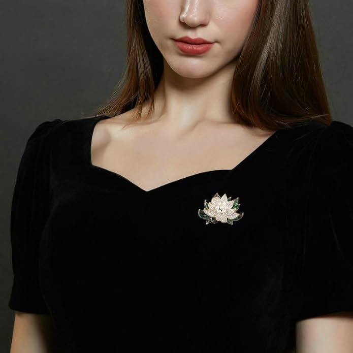 14K Gold Natural Peal Brooch with Lotus Design, High-End Elegant Vintage Chinese Style Accessory, Pearl Flower Brooch, Rhinestone/Crystal Brooches for Women