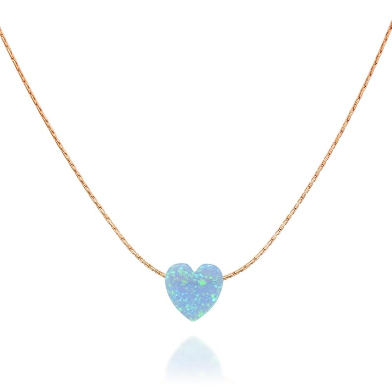 Blue Opal Heart on 14K Gold Filled Choker Necklace - Designer Handmade Thin Collar for Women - Length: 13.5 inch + 3 inch Extender (sky blue, rose gold filled)