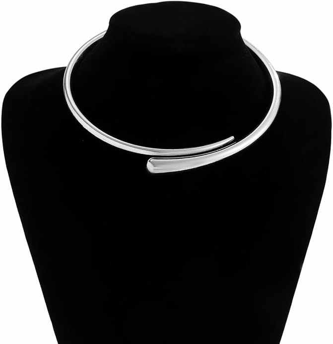 Chunky Choker Collar Necklace Gold Silver Metal Smooth Spring Open Teardrop Choker Statement Open Round Collar Necklace Trendy Minimalist Necklace for Women