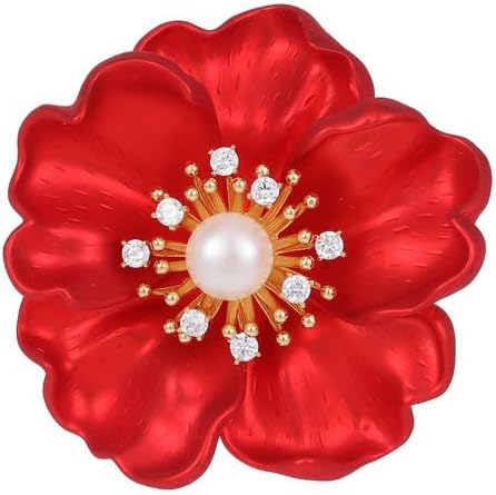 14K Gold Peony Flower Brooch with Freshwater Pearls - Elegant Red Rose Inspired Pin, Ideal for Formal & Bridal Wear, Unique Gift for Her