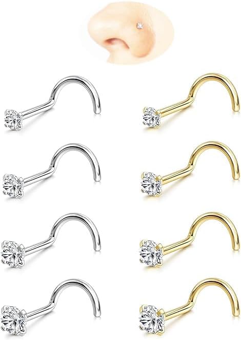 Nose Rings Studs: 8Pcs 20G Gold/Silver 316L Surgical Stainless Steel Nose Studs Hypoallergenic Corkscrew Nose Piercing Stud Jewelry for Women Men Clear Cubic Zirconia Imitation Diamond Top Size 1.5mm 2mm 2.5mm 3mm