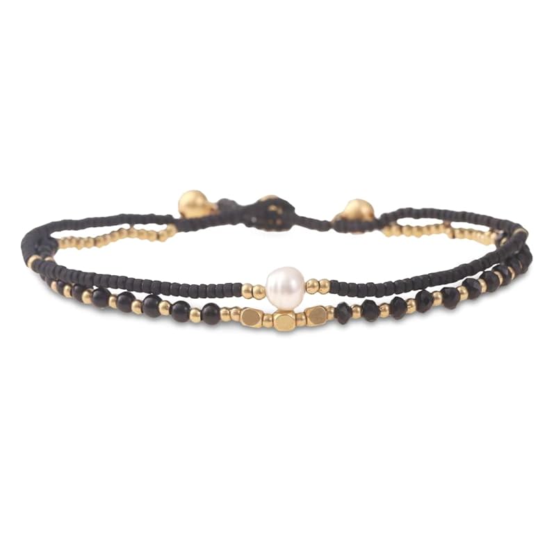 Made by Nami Boho Surfer Anklet Waterproof & Adjustable Beaded Anklets for Women Beachy Ankle Bracelet Made from Waxed Cotton Rope and Beads for Summer and Hippie Style (Black Pearl)