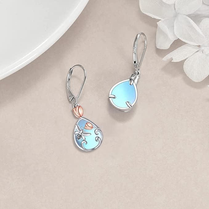 AOBOCO Butterfly/Dragonfly/Bee/Ladybug Leverback Earrings 925 Sterling Silver Rose Lotus Tulip Flower Filigree Dangle Earrings Teardrop Moonstone Larimar Turquoise Abalone Shell Jewelry Birthday Gifts for Women