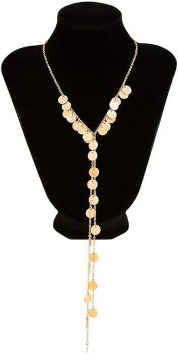 Chunky Long Tassel Gold Coin Choker Necklace for Women Statement Trendy Silver Beaded Disc Y Necklaces Stylish Party Prom Jewelry Costume Accessories
