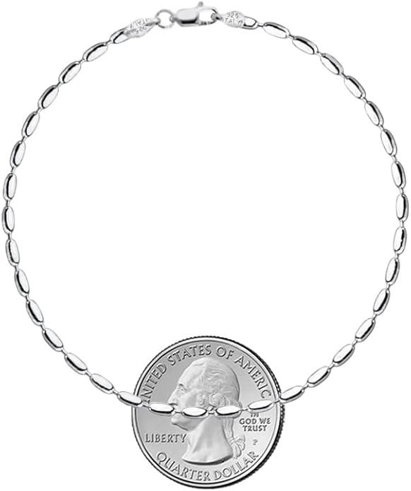Savlano 925 Sterling Silver Oval Rice Bead Strand Chain Anklet For Women - Made in Italy Comes With a Gift Box