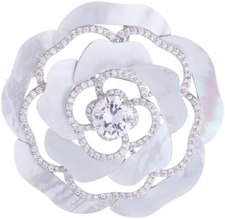 14K Gold Mother of Pearl Camellia Brooch, Luxury Moissanite Flower Pin, Sophisticated Accessory for Dinners and Parties