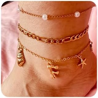 Initial Charm Anklets For Women Shell Letter Anklets Set Gold Charms Pendant Boho Summer Seashell Beach 14k Jewelry for Women Gift