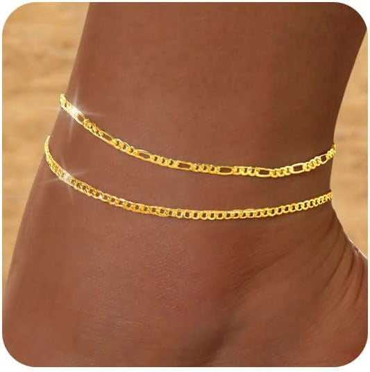 FUNEIA Gold Silver Ankle Bracelets for Women Waterproof 14K Gold Plated Anklets for Women Non Tarnish Dainty Layered Beaded Heart Anklet Set Summer Beach Foot Chain Jewelry Gifts Trendy Stuff