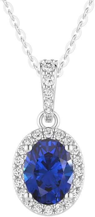 MSBLUE 1.69ct Vintage Style Oval Created Sapphire Halo Pendant Necklace, Sterling Silver with 14K White Gold Vermeil, Rhodium Finish