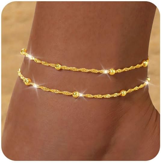 FUNEIA Gold Silver Ankle Bracelets for Women Waterproof 14K Gold Plated Anklets for Women Non Tarnish Dainty Layered Beaded Heart Anklet Set Summer Beach Foot Chain Jewelry Gifts Trendy Stuff