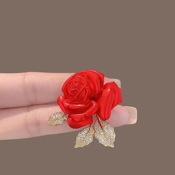 Just Follow Red Rose Flower Brooch with Rhinestones Sparkling Floral Pin for Women Vintage Blazer Jacket Dress Hat Scarf Accessory