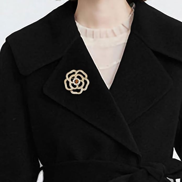 14K Gold Mother of Pearl Camellia Brooch, Luxury Moissanite Flower Pin, Sophisticated Accessory for Dinners and Parties