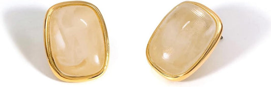M.DUN- Round Edges Rectangle Shape Studs Earring. Abalone Amber Turquoise Resin Stone Design, 18k Real Gold Plated Bezel, Hypoallergenic Gorgeous Gift for Women