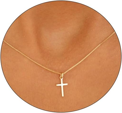Cross Necklace for Women 14K Gold Silver Plated Dainty Small Cross Pendant Choker Simple Trendy Cute Cross Charm Chain Necklace Easter Basket Stuffers Baptism Religious Faith Jewelry Gift