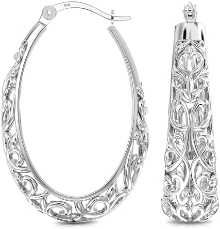 LeCalla 925 Sterling Silver Hoop Earrings for Women | Women's Filigree Hoop Earrings | Antique Oxidized Openwork Mesh Filigree Cut Earring Chunky Hoops | Hypoallergenic Vintage Filigree Oval Hoop Earrings for Women